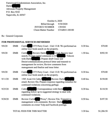 Fee for their own attorney's review of a 1 star review? And a different address' fines put on my account. Took 4 months to resolve this.