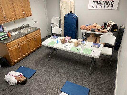 Classroom is set up for CPR instruction