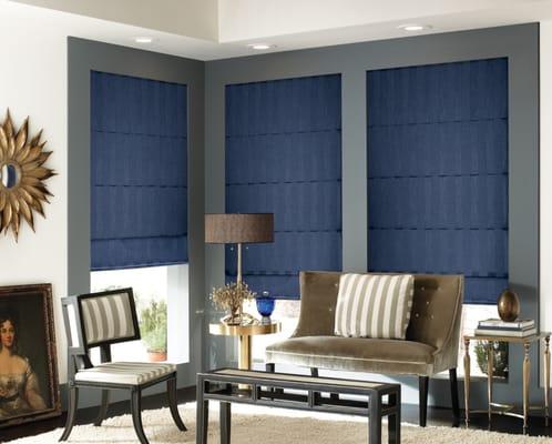 Looking for something blue? Classic, pleated roman shades in "ashton stripe" are a perfect way to add a pop of color to your living space.