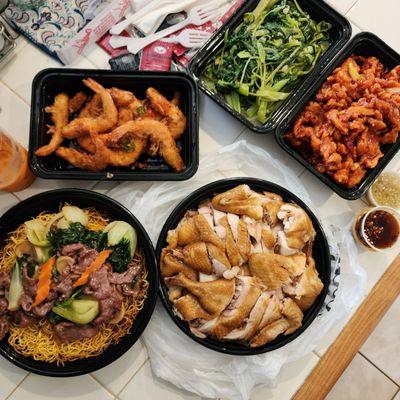 Spicy fried shrimp with salt and pepper Garlic ong choy (similar to Spinach) Crispy noodles with beef Whole Hainan chicken  Orange chicken