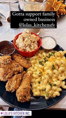 Chicken wings and Mac n cheese and the potatoes salad