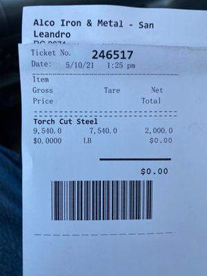 A receipt for 2000 pounds of steel