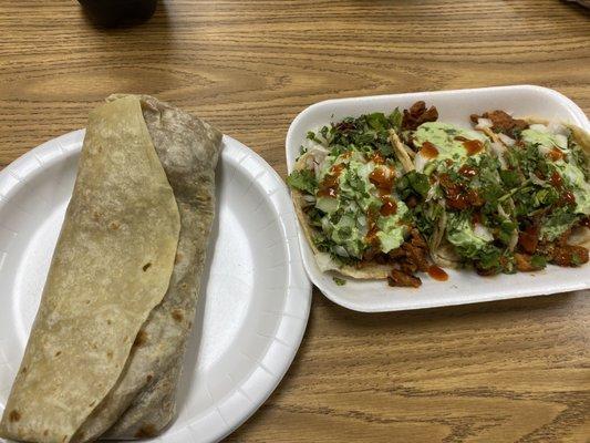 Bean and cheese burrito and three tacos adobada.