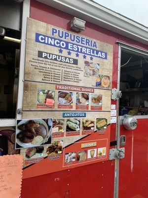 The menu with a variety of pupusas and other treats - like corn tamales, my favorite!