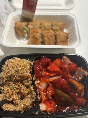 pork eggrolls And Sweet-and-sour pork with fried rice lunch special