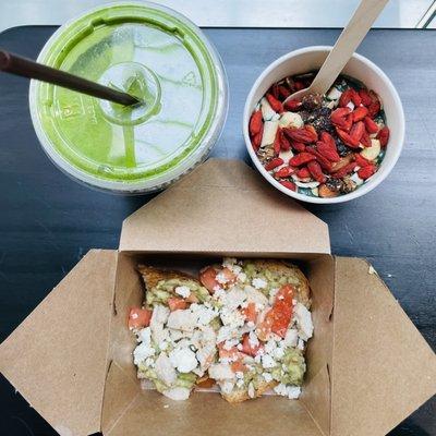 Avocado Rye bread, spirulina bowl, joes identity