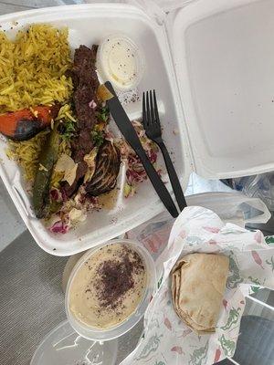 Beef Kabab with Rice;  Pita Bread, and Hummus