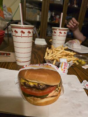 Cheeseburger, fries, and drink