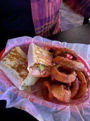 Grilled chicken wrap and onion rings