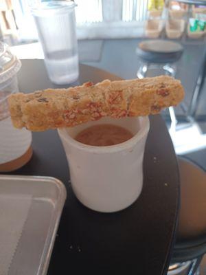 Peppermint Bark Biscotti with an Iced Dirty Chai Latte