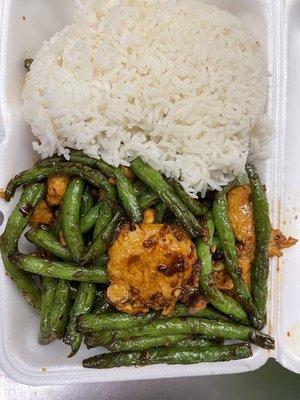 Chicken with green beans (bottom) and white rice (top).