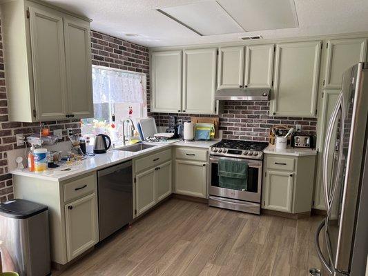 Kitchen floor and backsplash.