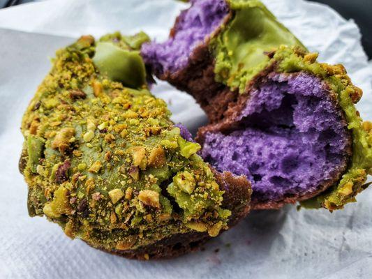 Ube cake w/matcha frosting and pistachios