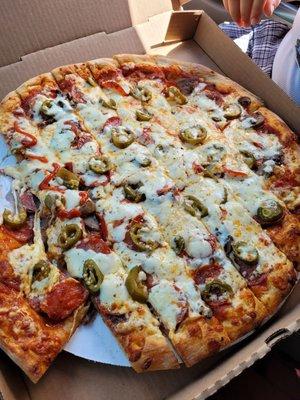 Jalapeño, mushrooms, and pepperoni our family combo bomb