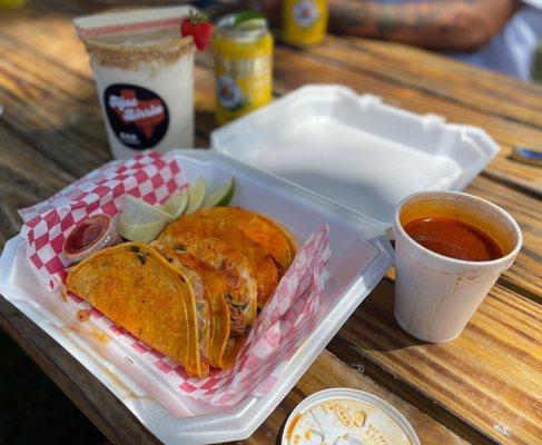 Birria taco plate and an horchata. Consumé and all the fixin's were radical.