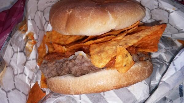 A burger made using Doritos and BBQ sauce! Shut your mouth!