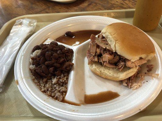 Smoked chicken sandwich with red beans and rice side. Tasted great!