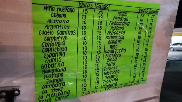 December 2019: Prices for the small (chicas) or large (grandes) tortas, depending on which kind you get.