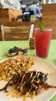 Watermelon agua fresca, esquites, LA Brat taco.