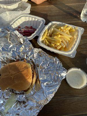 Bacon cheeseburger and fries