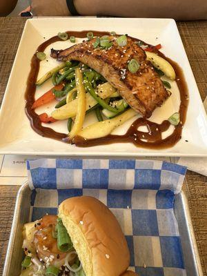 Salmon and mixed vegetables with shrimp sliders.