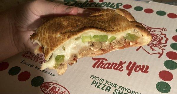 Cheese Calzone add ground beef, green pepper, and mushroom. Very nice on a cold day.