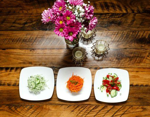 Cabbage Salad, Korean Carrot Salad and 
 Garden Salad
 Garden Salad