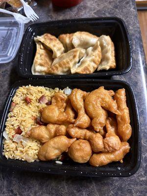 Sweet and sour chicken with fried dumplings