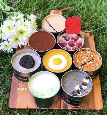 Tiramisu, Grape Earl Grey, Pink Lover, Sunny Side Up (Mango Coconut), Oreo, Kinako Chestnut, Black Sesame, Matcha Yuzu