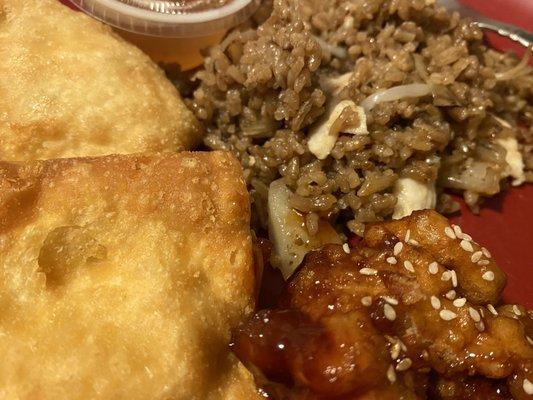 Crab Rangoon, chicken fried rice, Sesame Chicken. Deliciousness