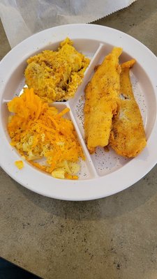 Fried flounder, macaroni and cheese, and squash casserole