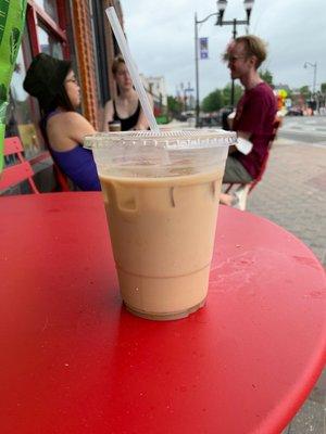 Medium Iced Coffee with Banana Syrup :) Lovely sitting area in front of the cafe.