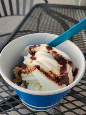 Coconut fro yo with lots of nuts (almond, peanut, walnuts)coconut and some hot fudge sauce