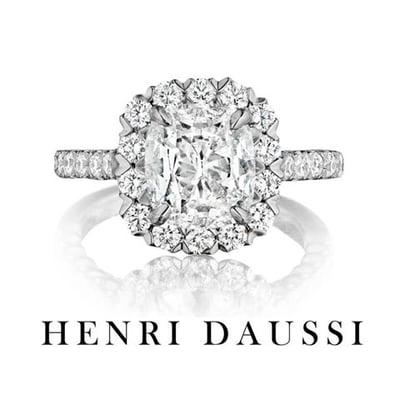 Henri Daussi signature cushion diamond engagement rings and wedding bands