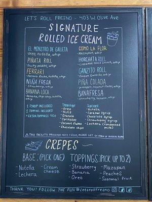 Rolls and Crepes menu