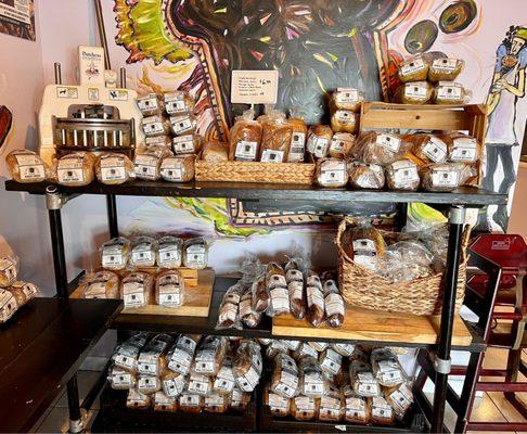 Variety of breads for purchase.