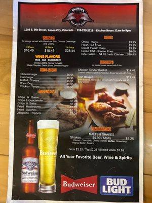 Drink and appetizer menu