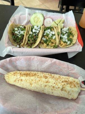 Carne Asada and Pollo tacos with Elote.