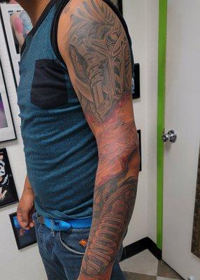 Sleeve tattoo done recently by artist/owner Jarrod text 6823651277 for booking availability.