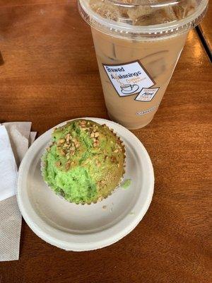 Pistachio Muffin, Caramel Nut Biscotti Iced Coffee