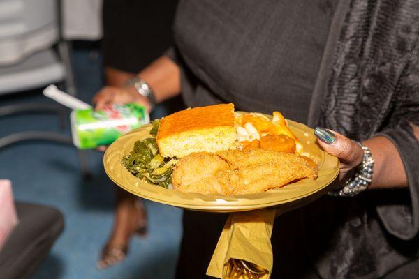 Fried whiting, collard greens and cornbread.