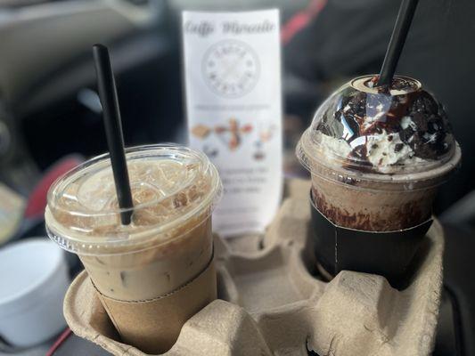 Iced caramel latte and cookies and cream frappe