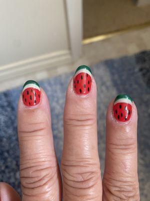 Mia and Sunny did such a great job for my end of summer Mani Pedi!   my watermelon's!   Thanks ladies!