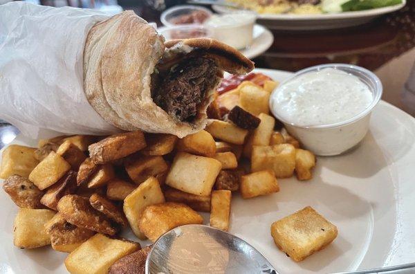 Beef kofta sandwich with Greek potatoes