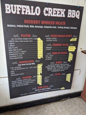 Menu board at Buffalo Creek BBQ, Cleburne