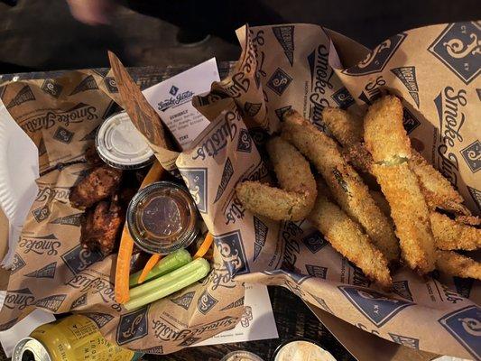 Wings and fried dill pickles