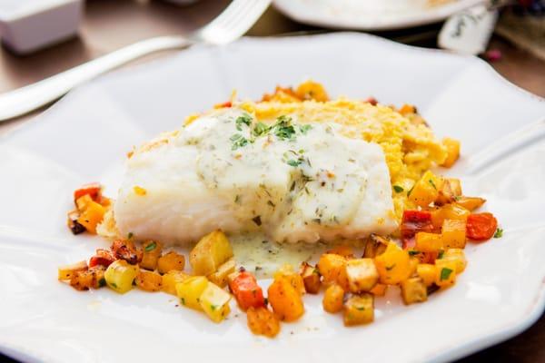 Halibut with Tarragon Butter and Seasonal Vegetable Confetti