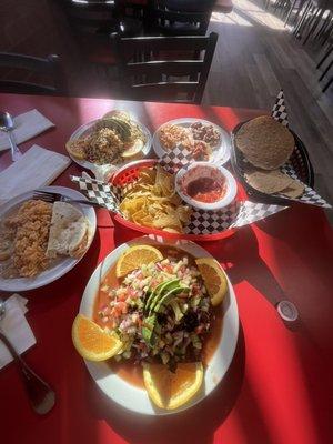 tostaditas, ceviche, tacos