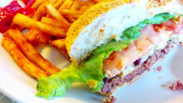 Black and blu burger, fries and home made coleslaw.