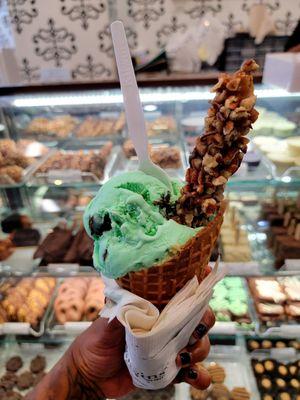 Mint chocolate chip ice cream with a chocolate/nut coated pretzel stick